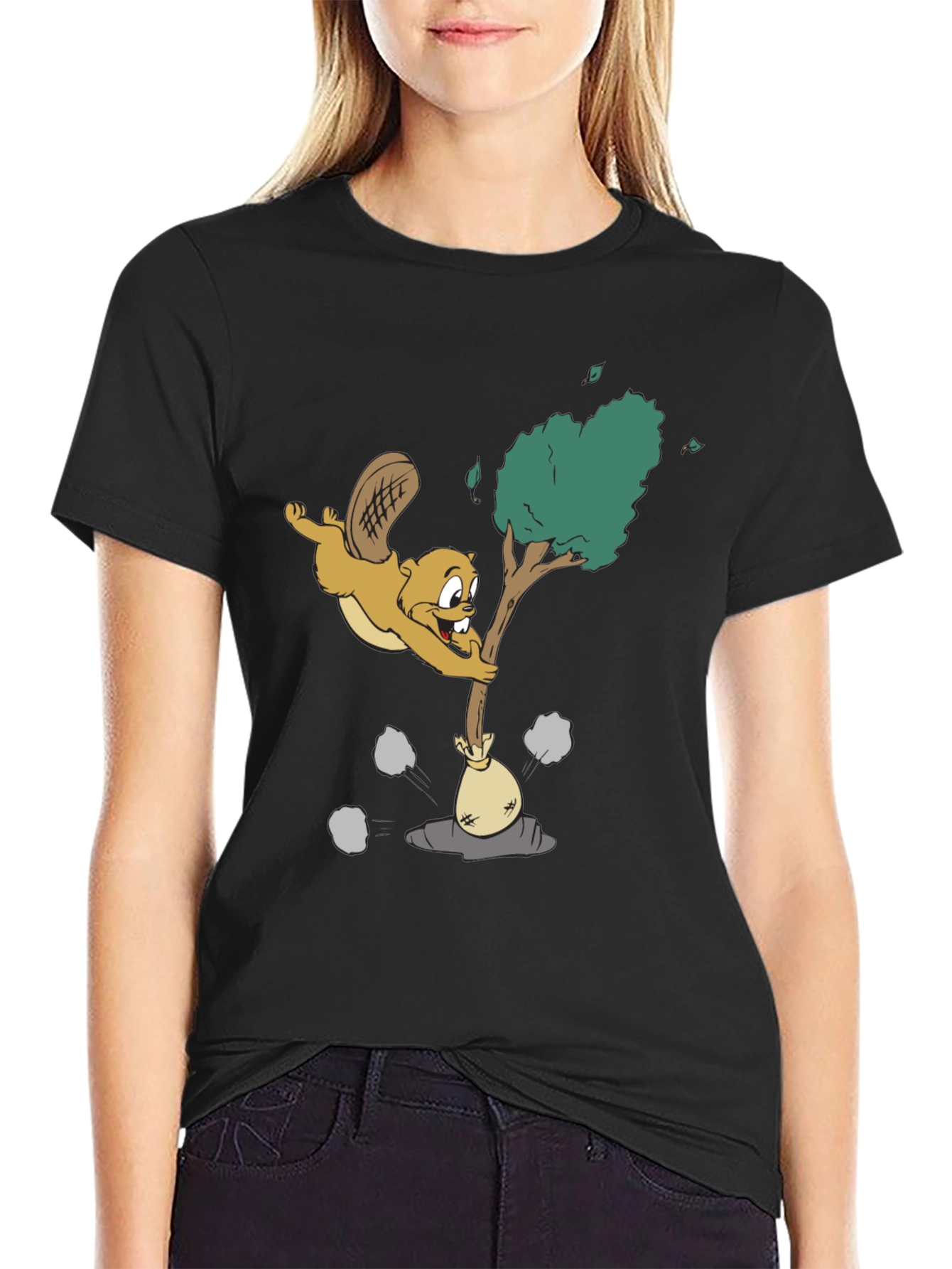 Cartoon Beaver Black T-Shirt