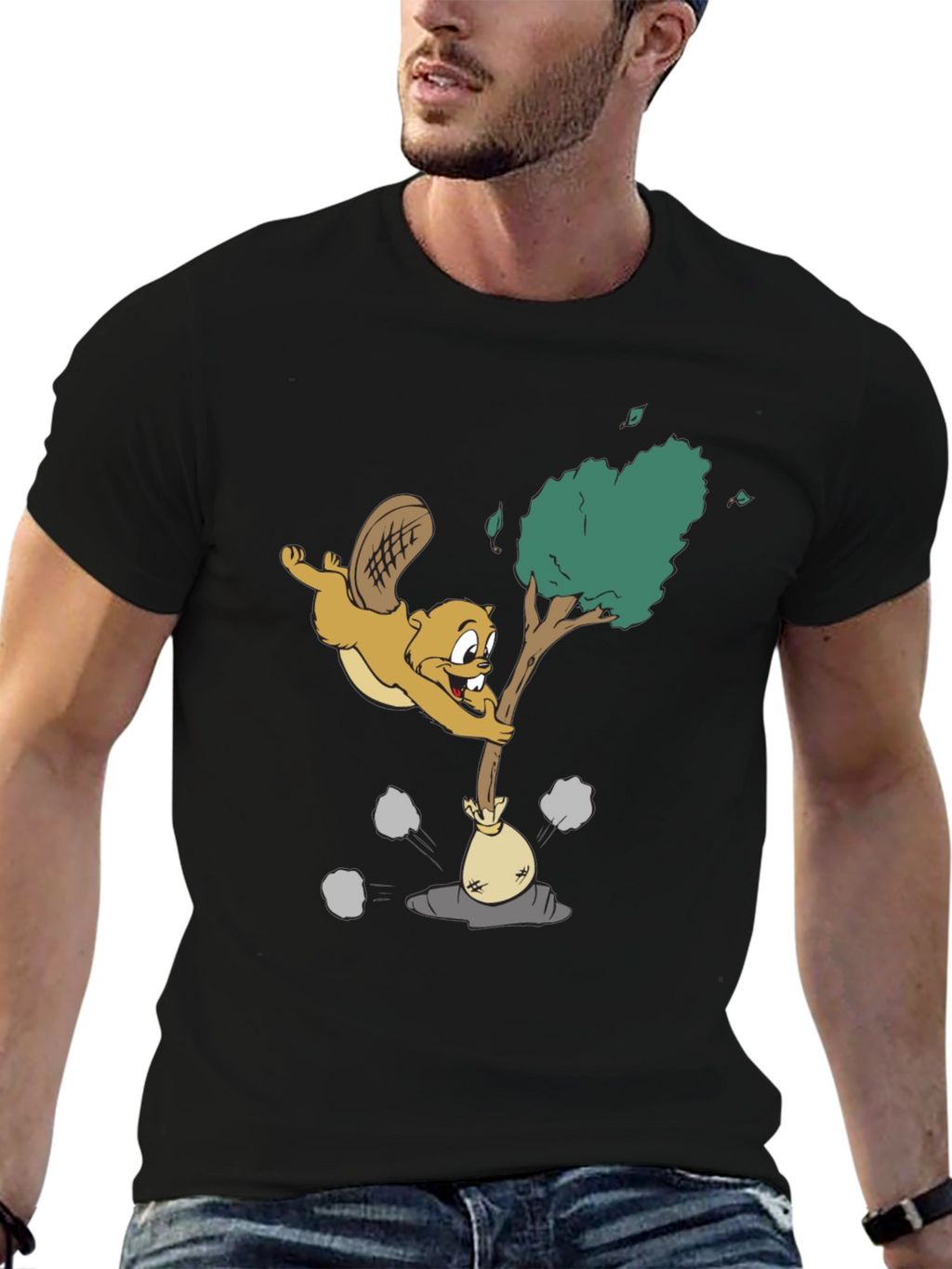 Cartoon Beaver Black T-Shirt
