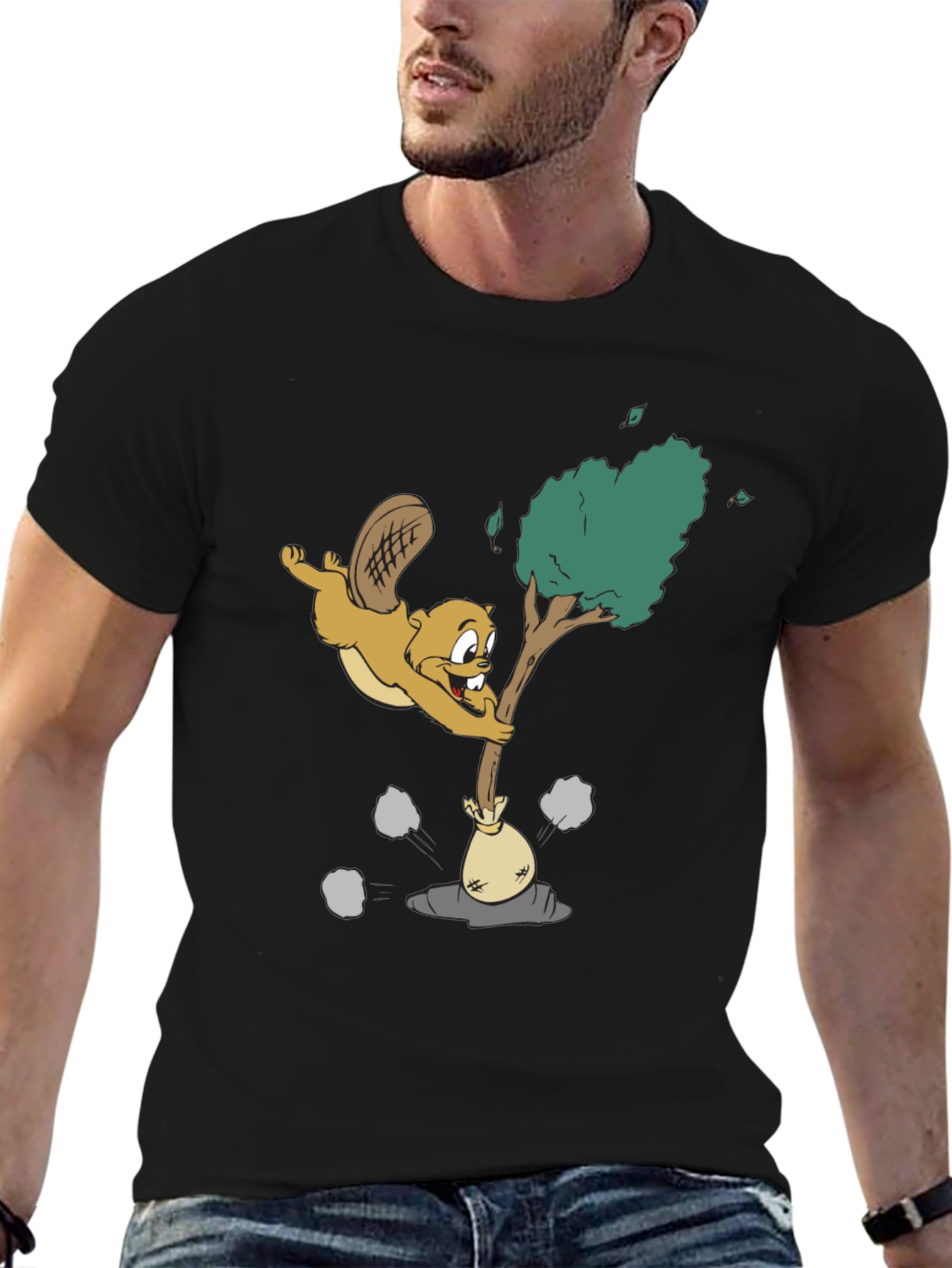 Cartoon Beaver Black T-Shirt