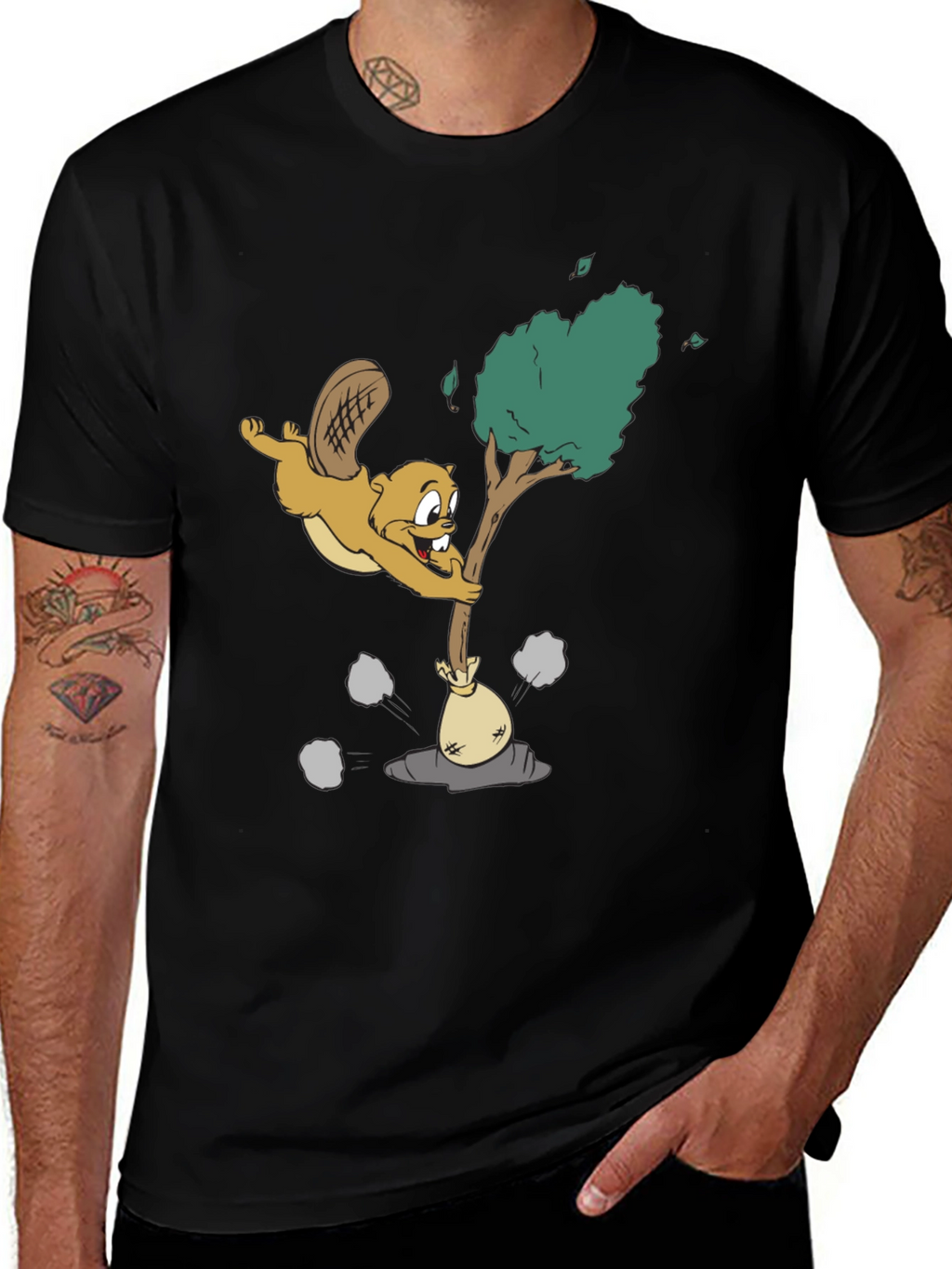 Cartoon Beaver Black T-Shirt