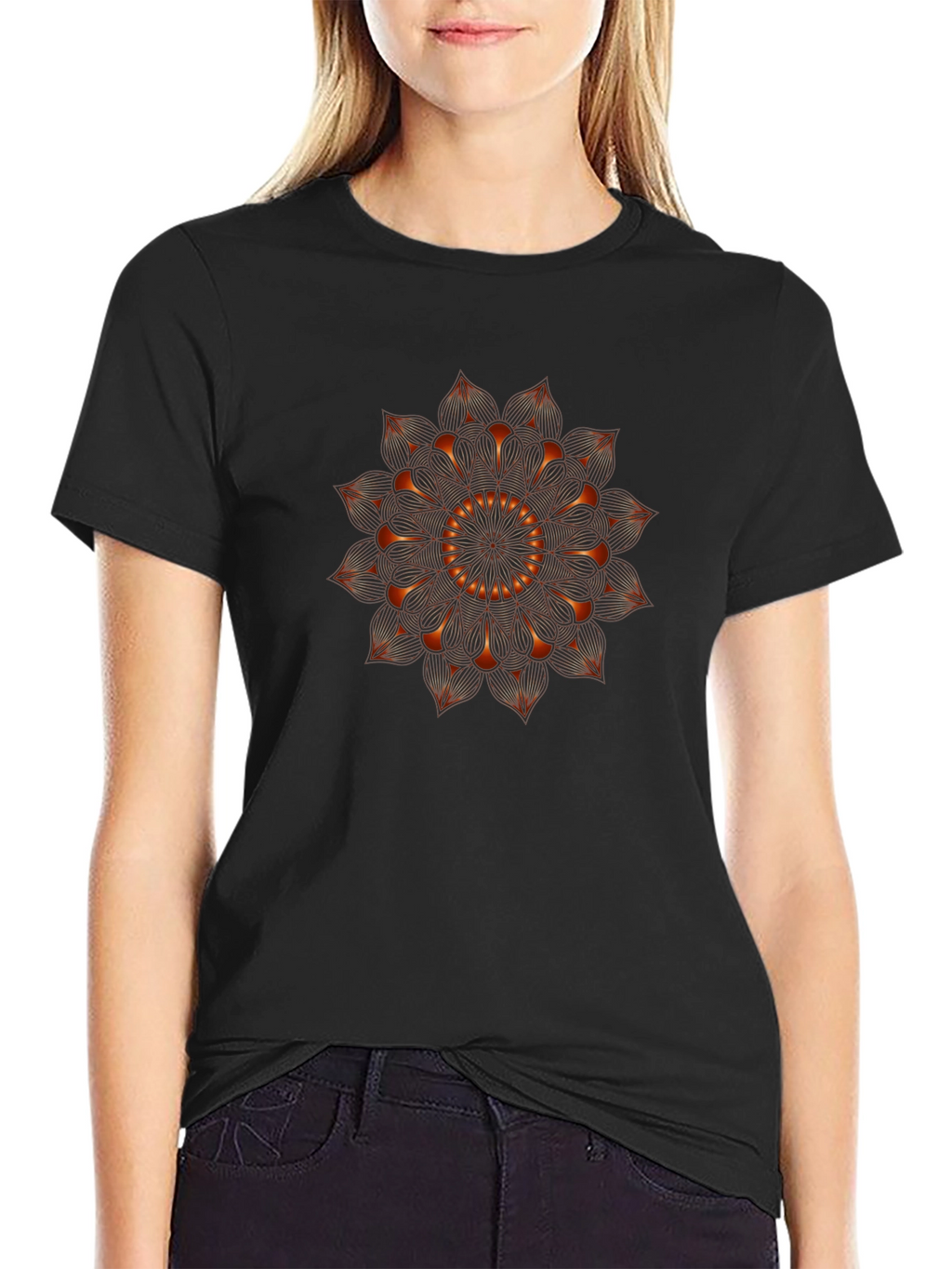 Black T-Shirt with Geometric Mandala Print