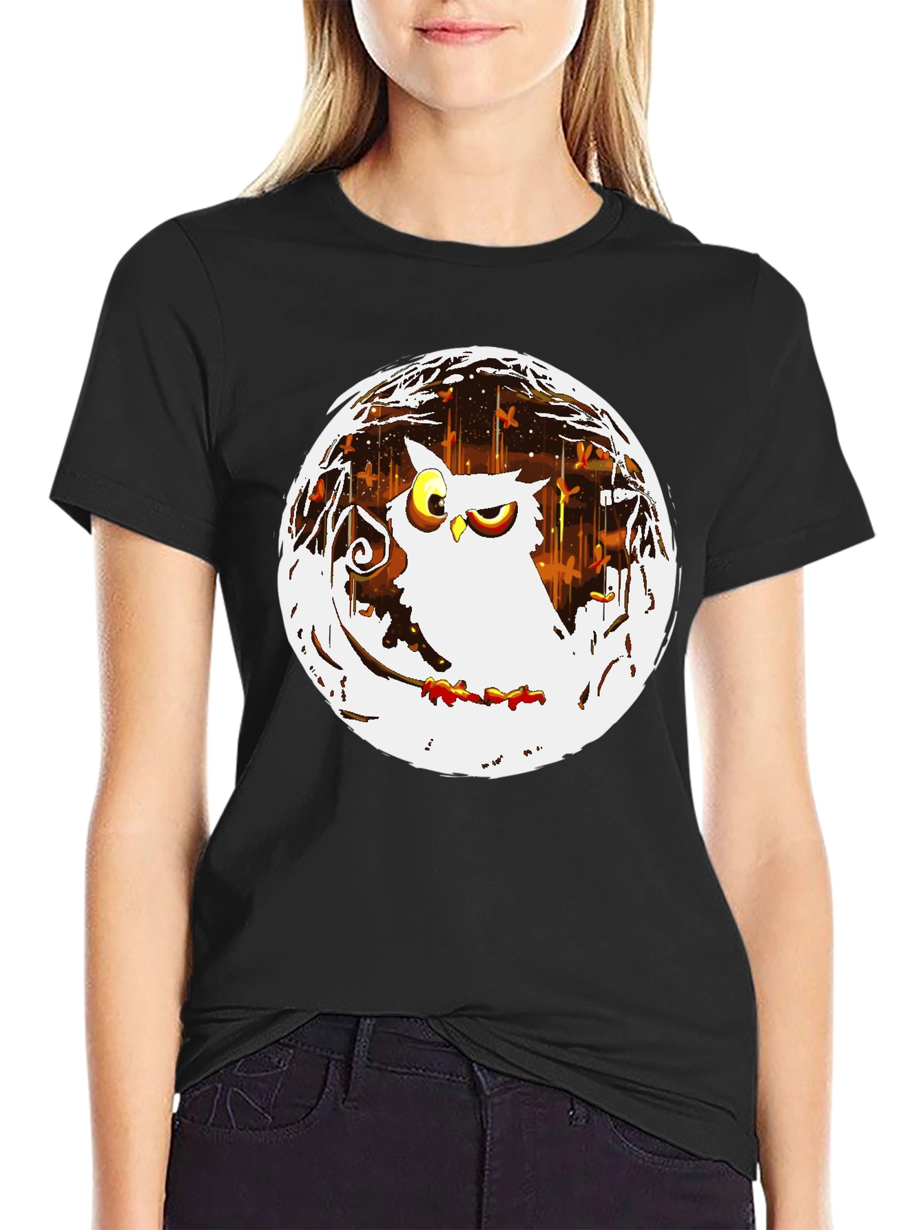 Owl in the Moonlight Graphic T-Shirt - Black