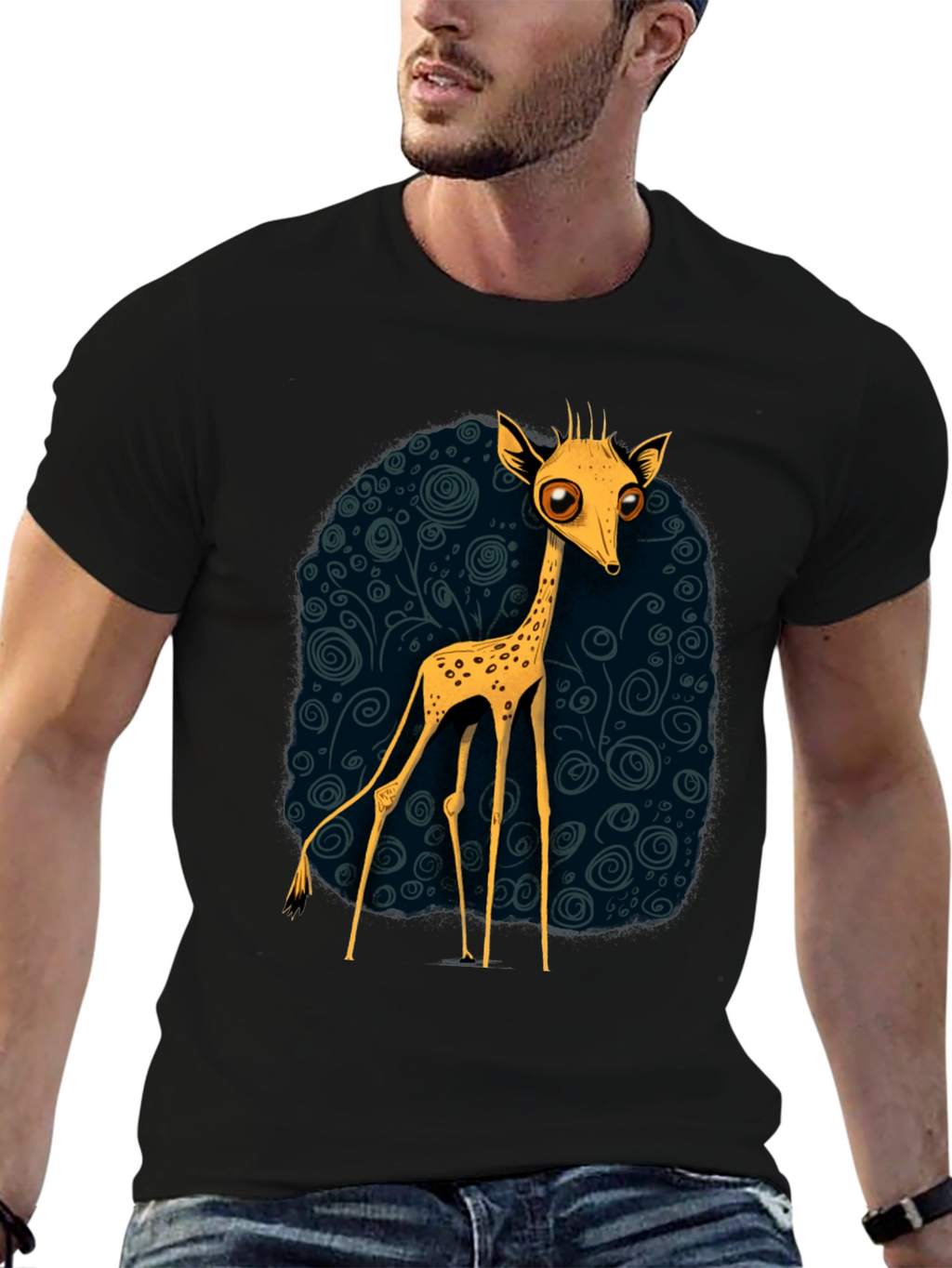 Cartoon Giraffe Graphic Tee - Quirky Black T-Shirt