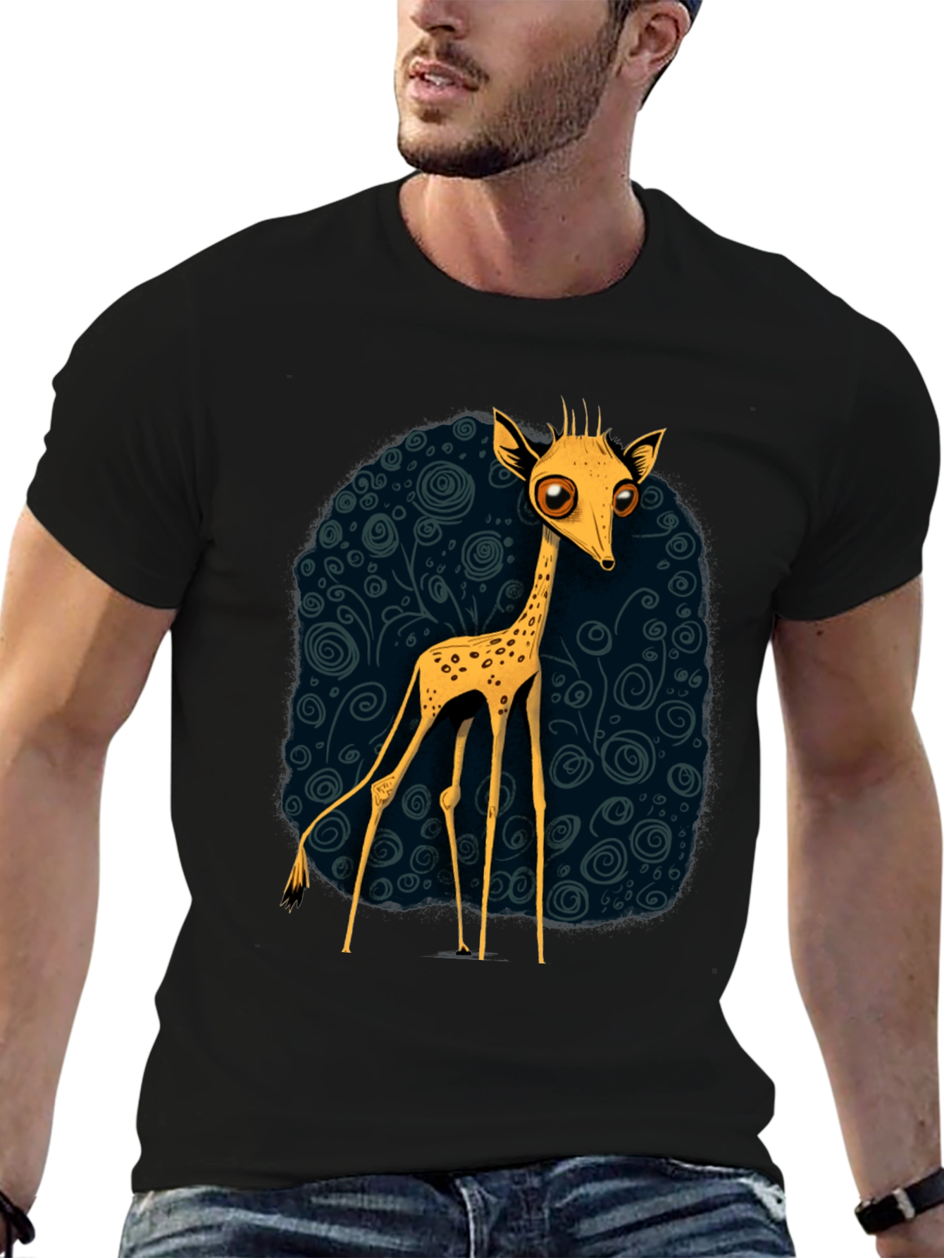 Cartoon Giraffe Graphic Tee - Quirky Black T-Shirt