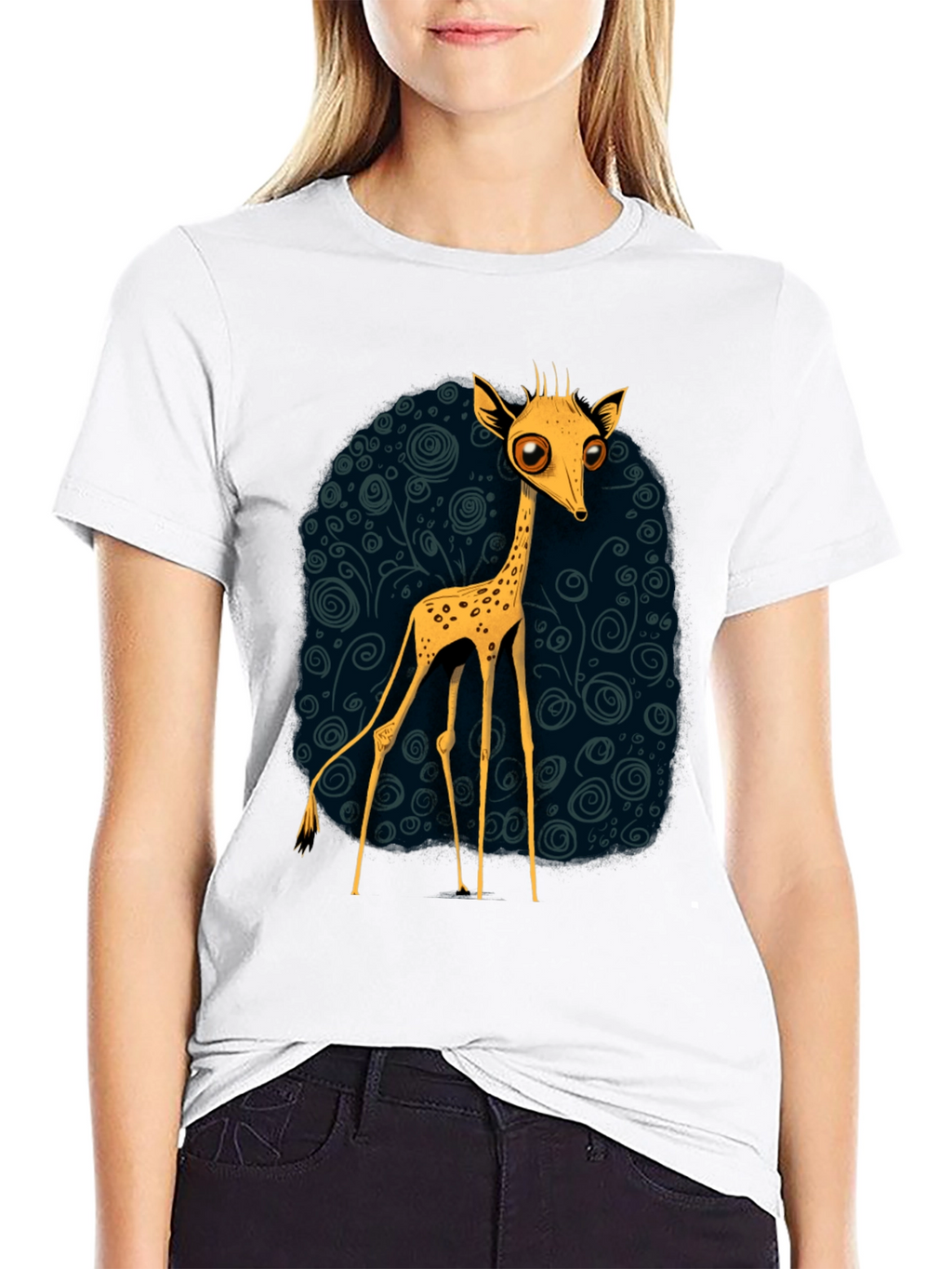 Cartoon Giraffe Graphic Tee - Quirky Black T-Shirt