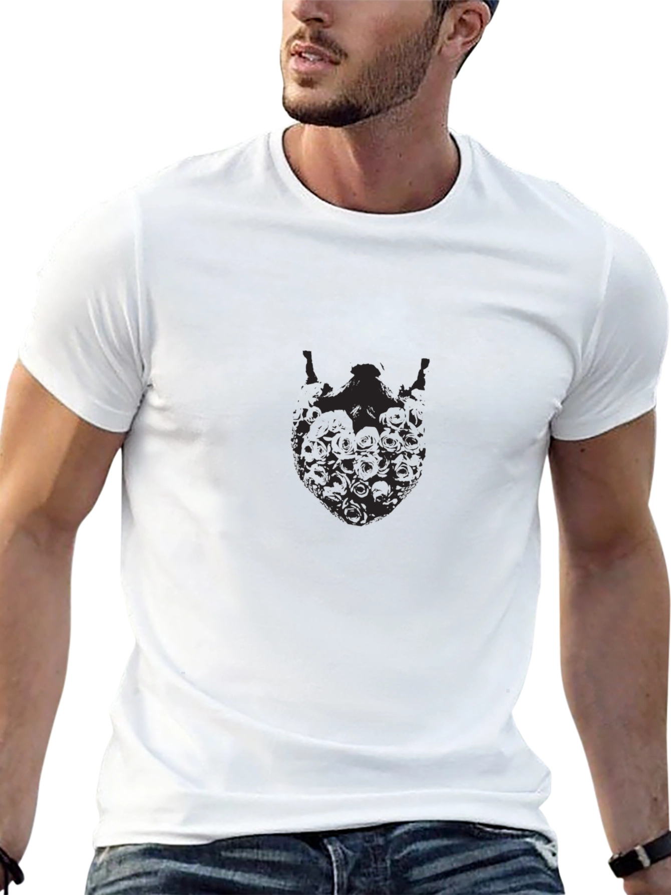 Mens Black Graphic Tee - Skull Beard Design