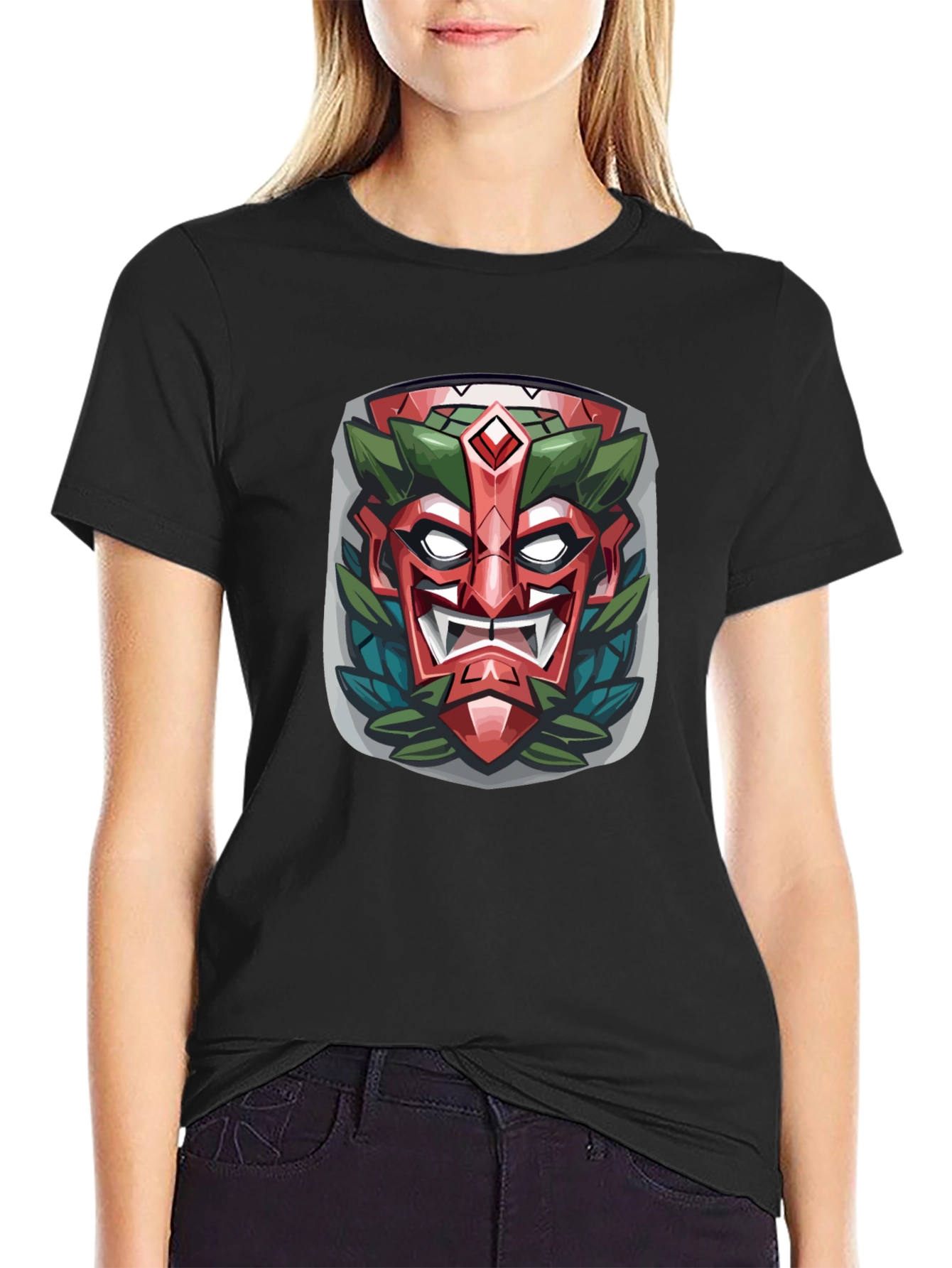 Tiki Mask Graphic Tee - Tribal Style Black T-Shirt
