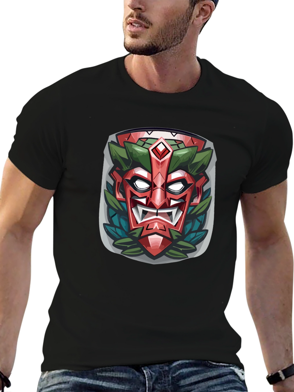 Tiki Mask Graphic Tee - Tribal Style Black T-Shirt