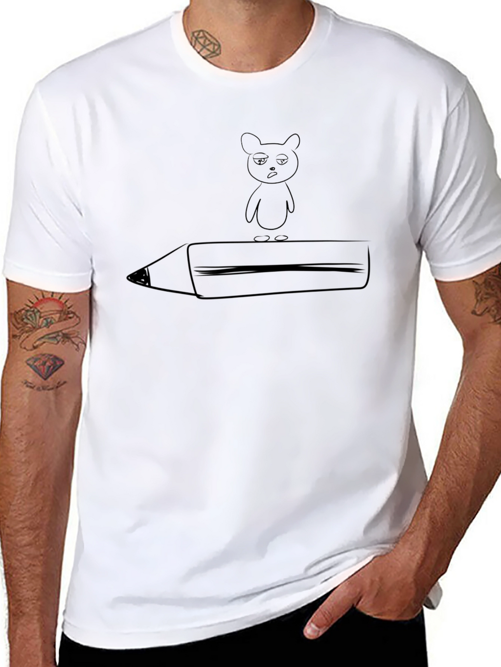 Black T-Shirt with Funny Bear and Pencil Graphic
