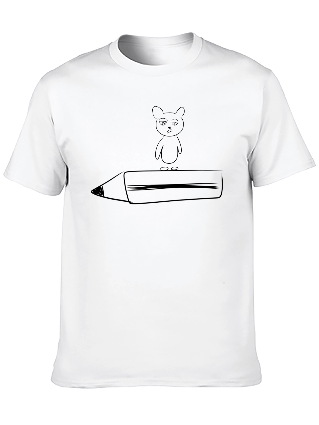 Black T-Shirt with Funny Bear and Pencil Graphic