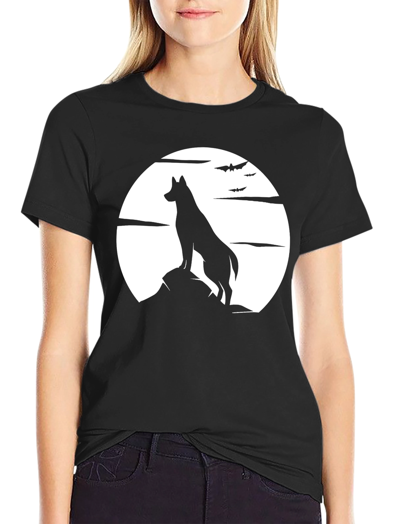 Wolf Moon Silhouette Graphic Black T-Shirt