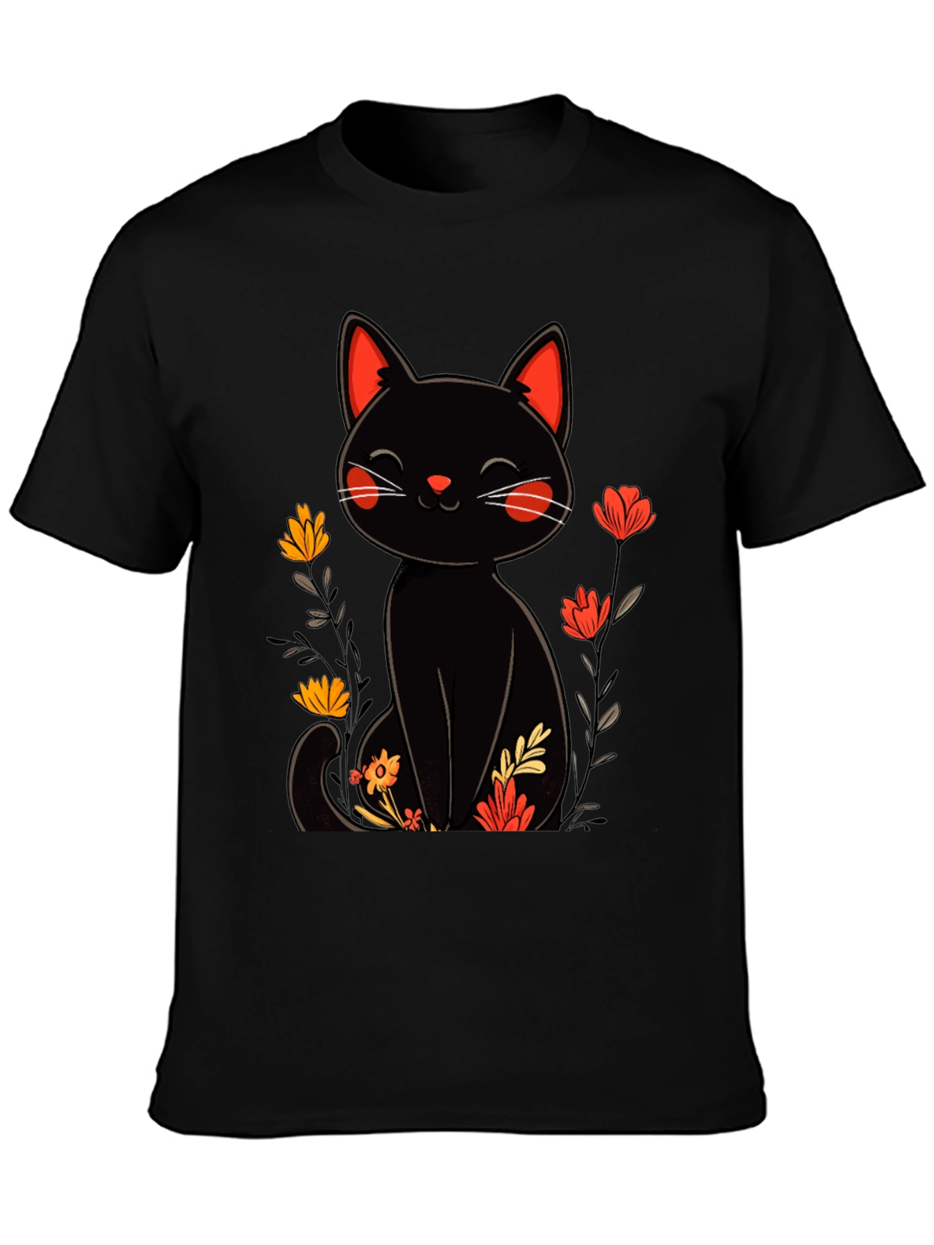 Black Cat Floral Graphic Tee - Whimsical Style