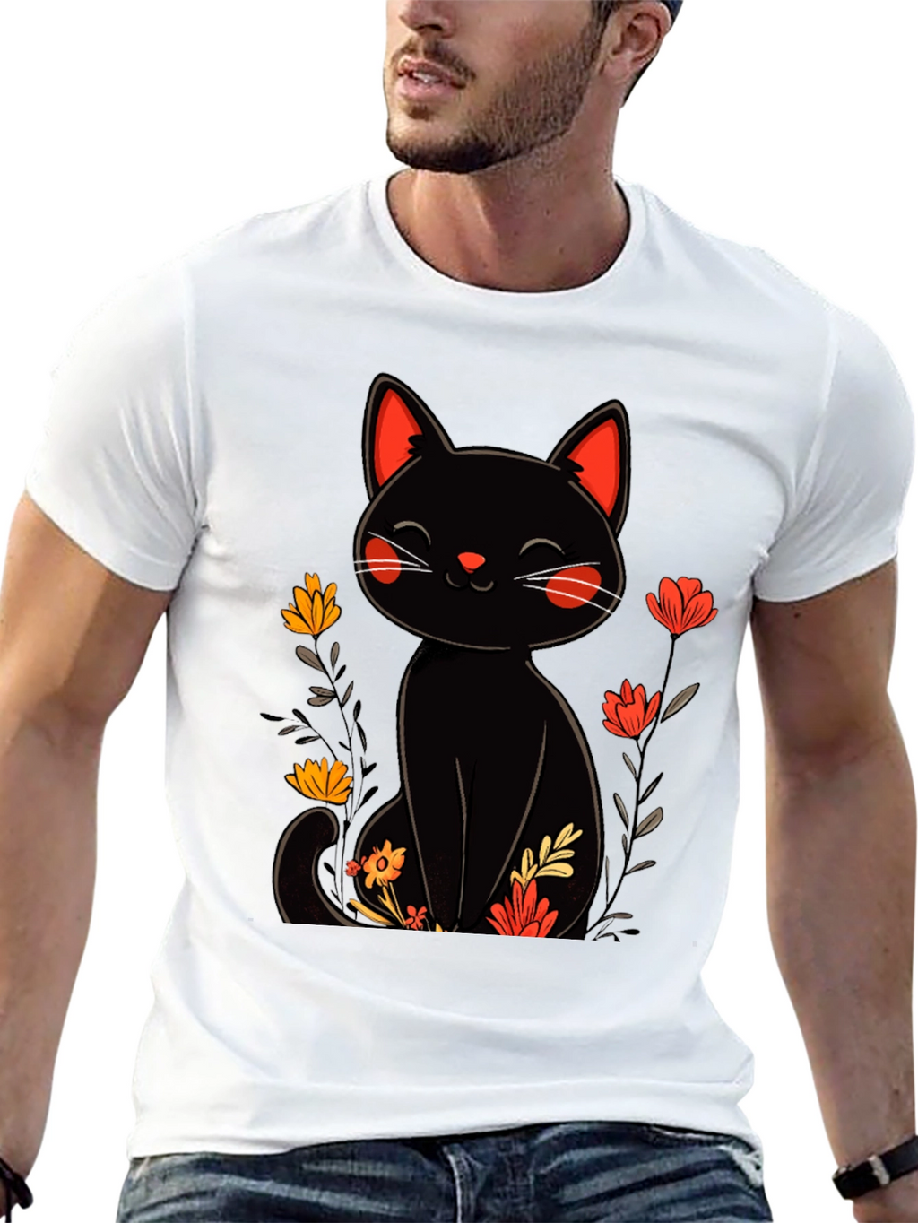 Black Cat Floral Graphic Tee - Whimsical Style