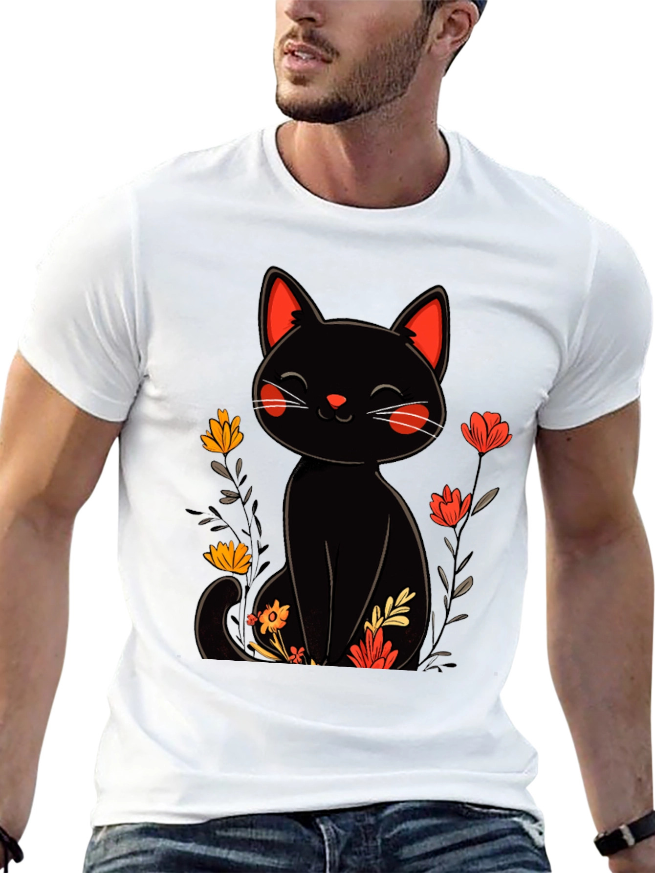 Black Cat Floral Graphic Tee - Whimsical Style