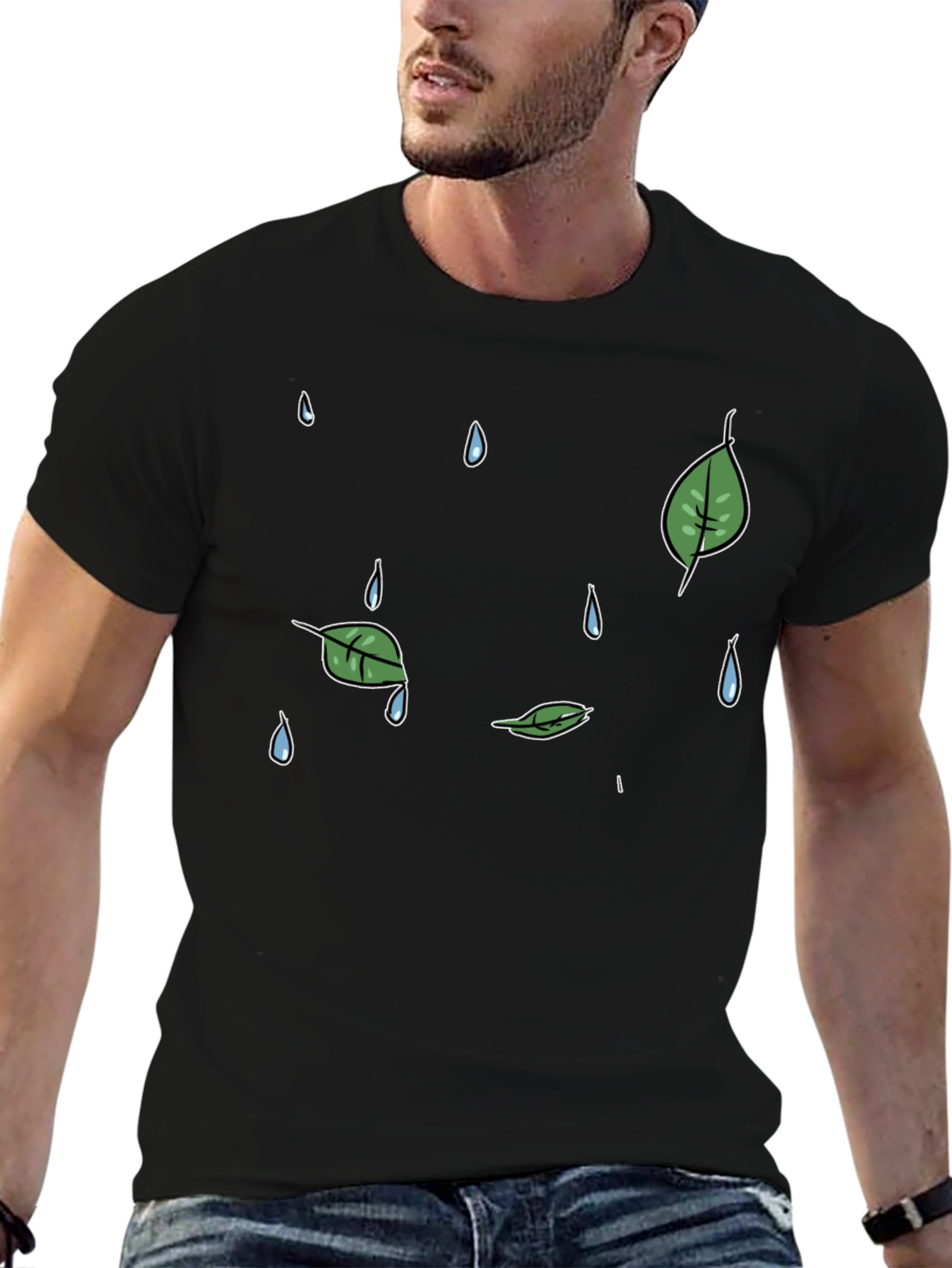 Mens Black Graphic T-Shirt - Rain & Leaves