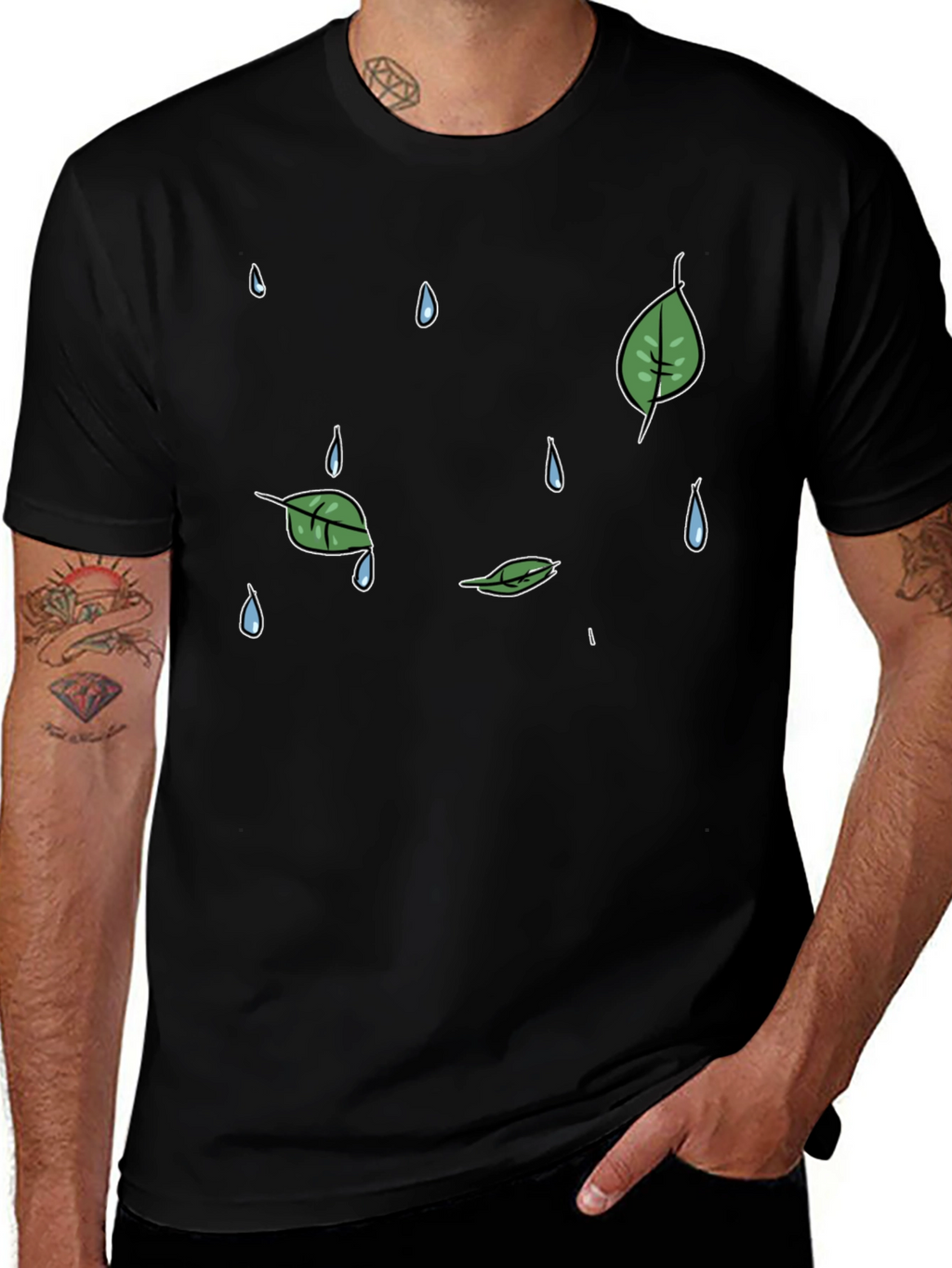 Mens Black Graphic T-Shirt - Rain & Leaves