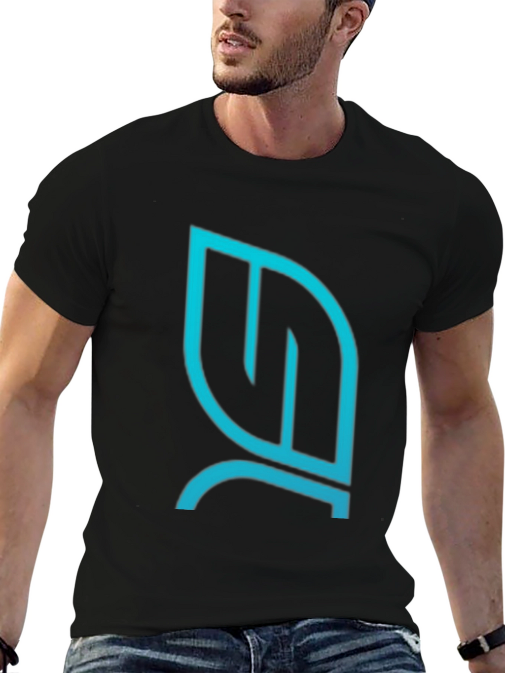 Modern Teal Leaf Logo Black T-Shirt