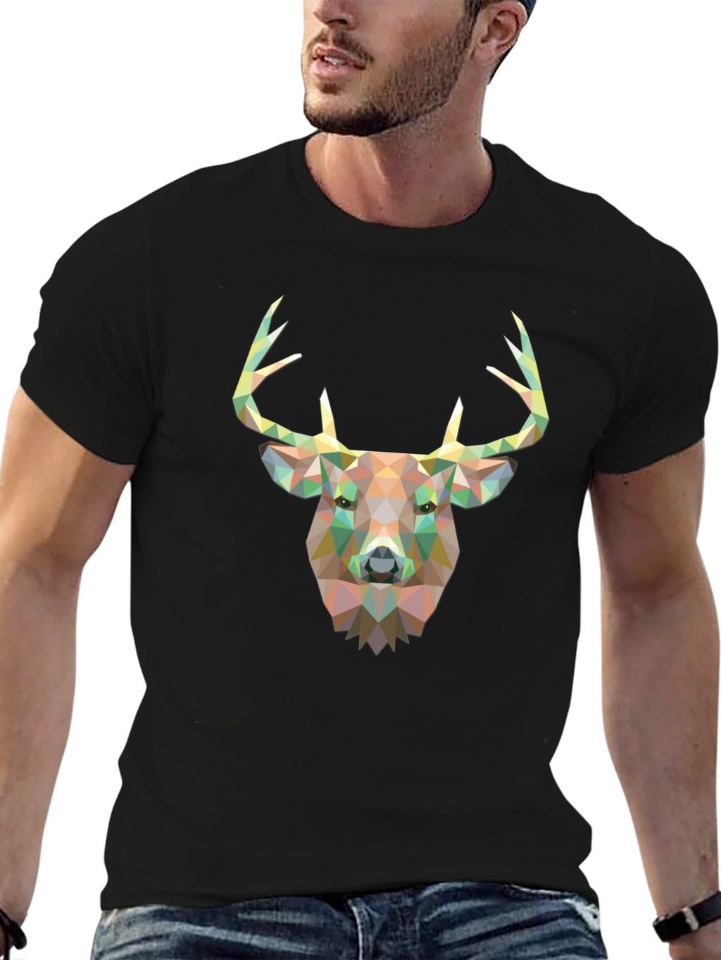 Geometric Deer Head Graphic T-Shirt - Black