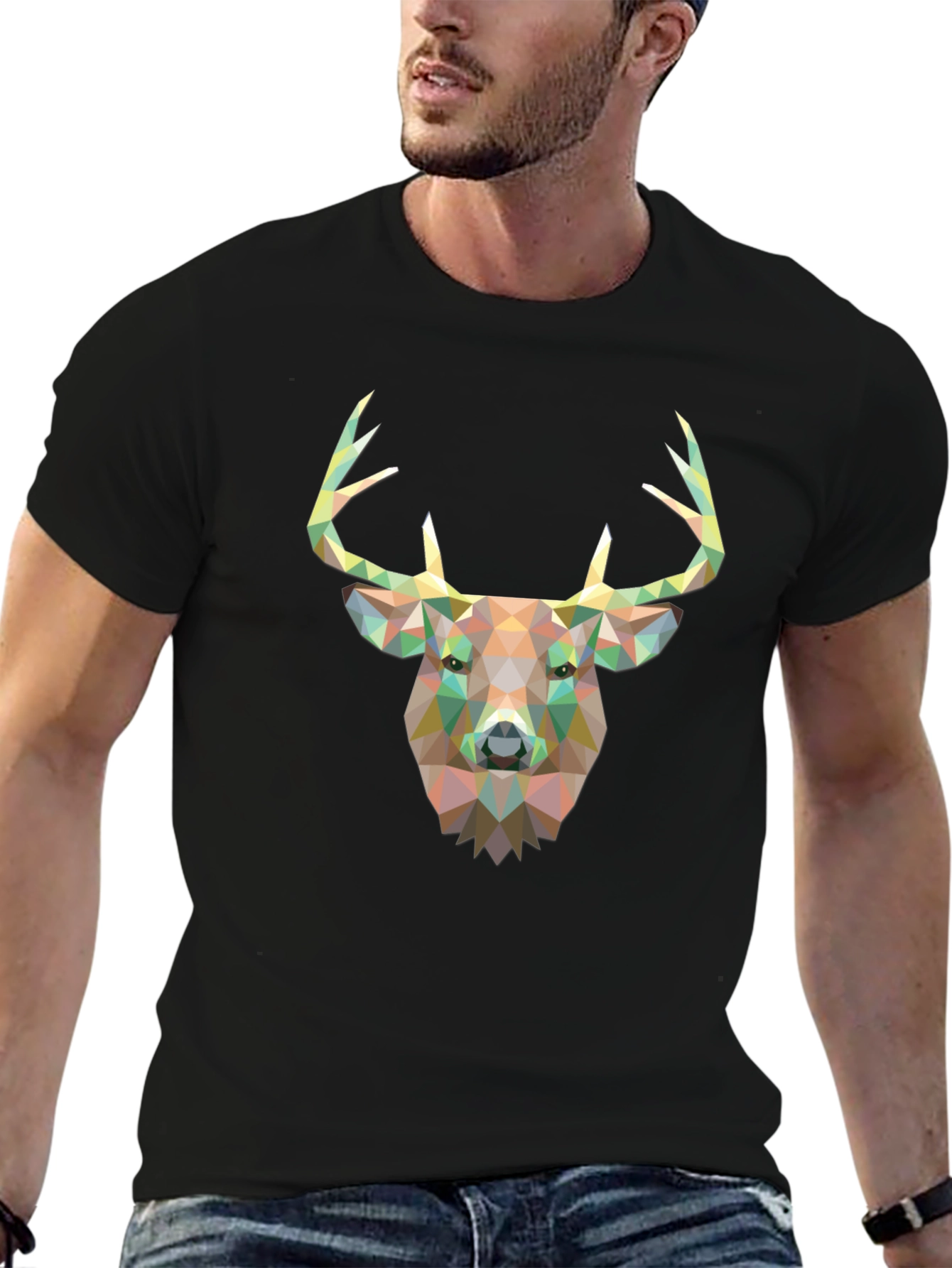 Geometric Deer Head Graphic T-Shirt - Black