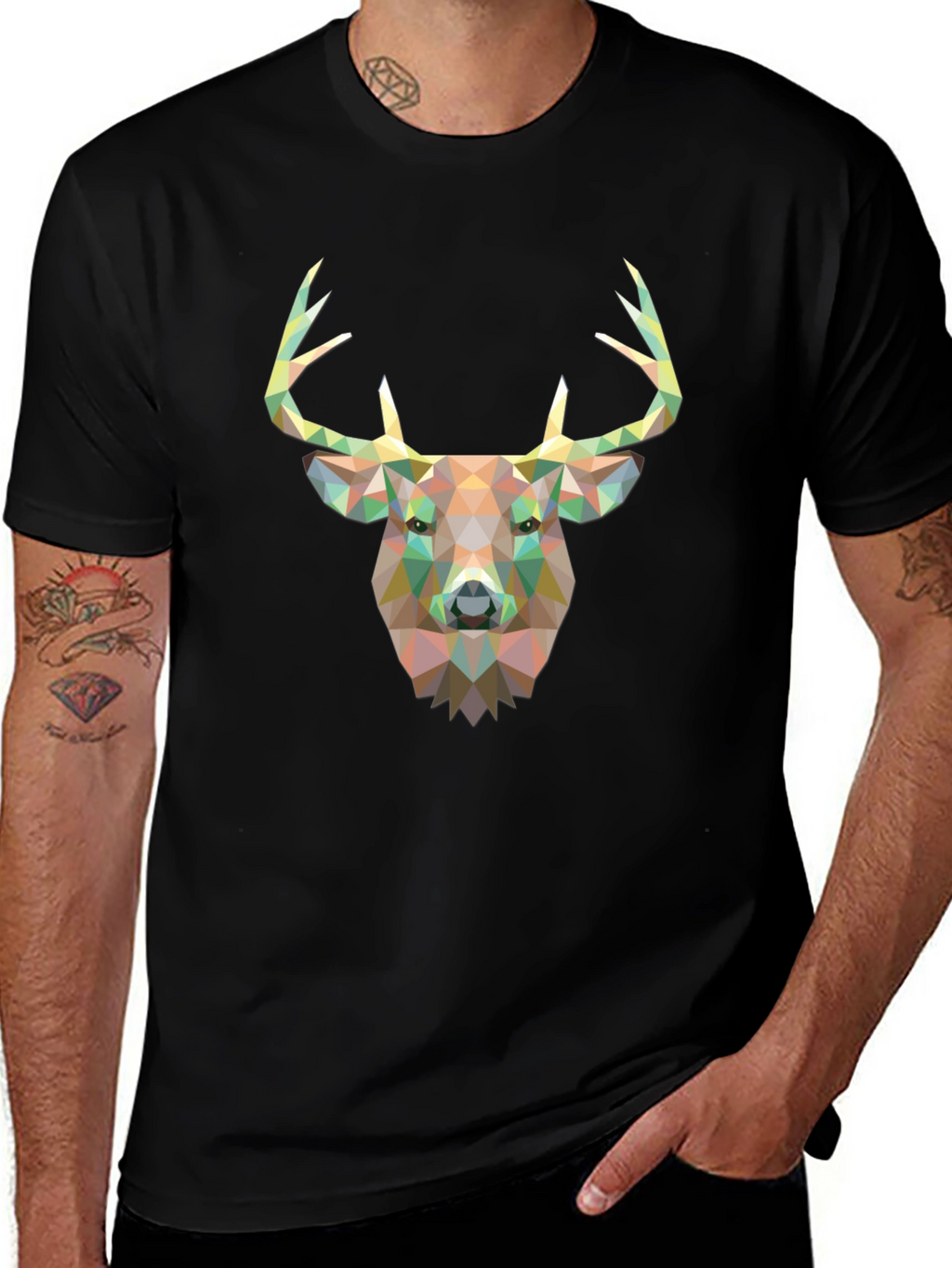 Geometric Deer Head Graphic T-Shirt - Black