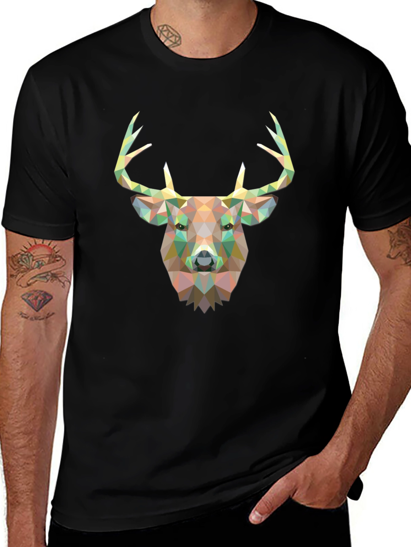 Geometric Deer Head Graphic T-Shirt - Black
