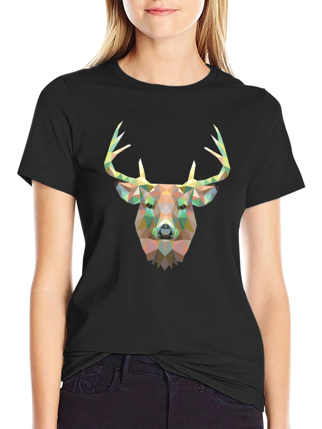 Geometric Deer Head Graphic T-Shirt - Black