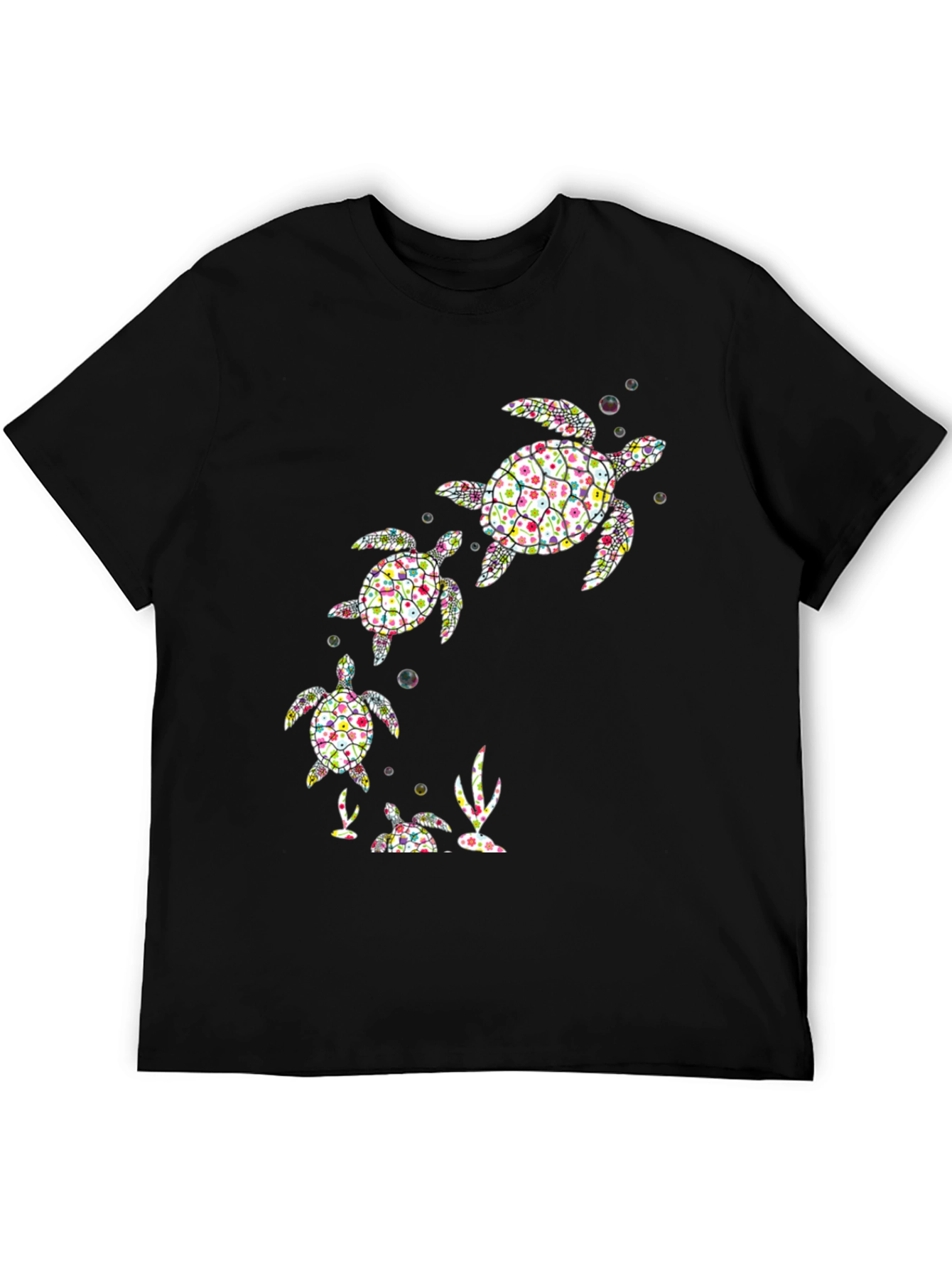 Turtle Family Graphic Tee - Black Cotton Shirt