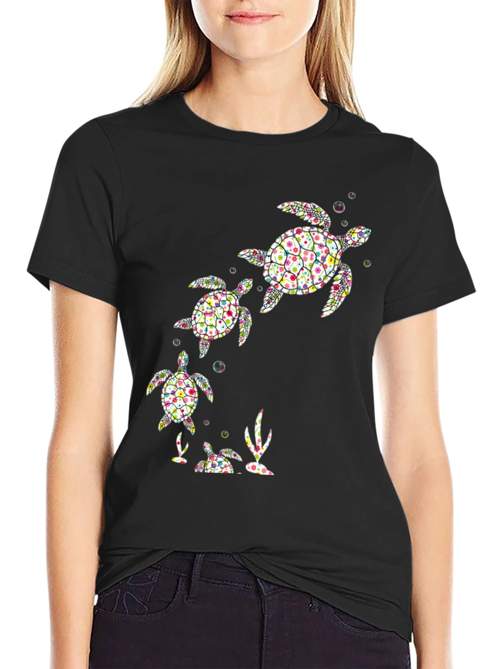 Turtle Family Graphic Tee - Black Cotton Shirt