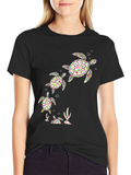 Turtle Family Graphic Tee - Black Cotton Shirt