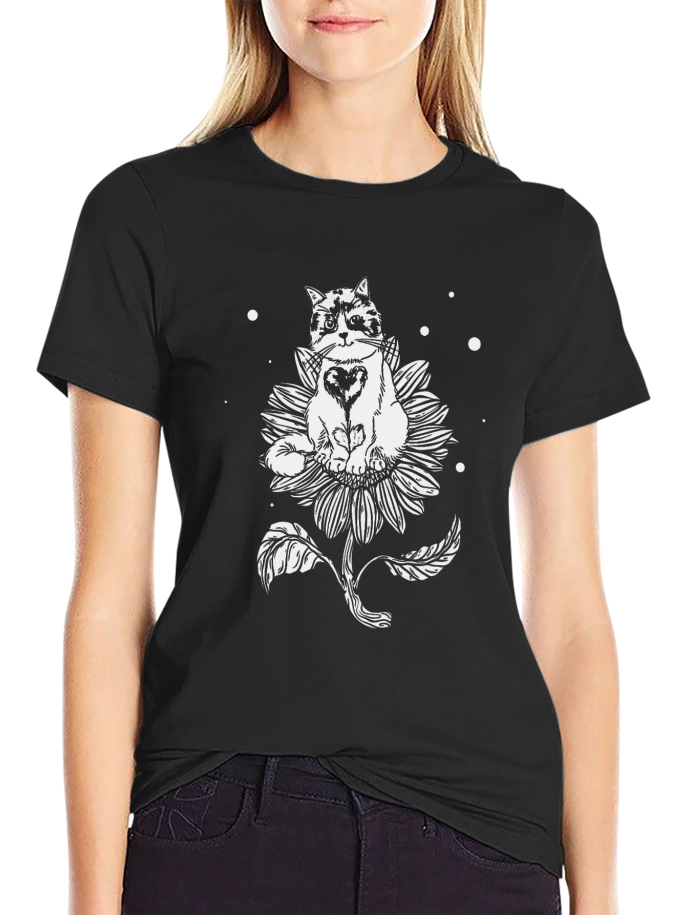 Grumpy Cat Sunflower Graphic Tee - Black Cotton T-Shirt