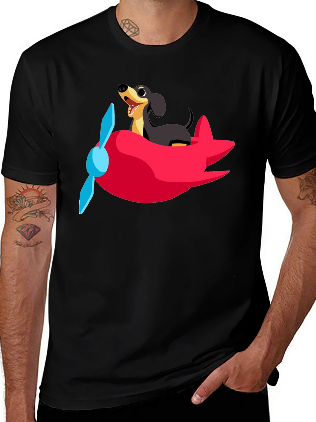 Dachshund Airplane T-Shirt: Fun Black Cotton Tee