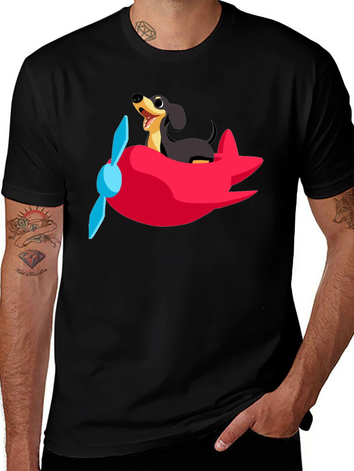 Dachshund Airplane T-Shirt: Fun Black Cotton Tee