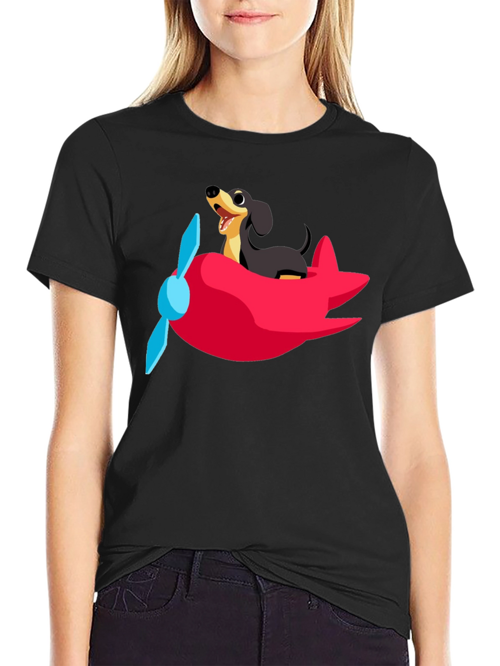 Dachshund Airplane T-Shirt: Fun Black Cotton Tee