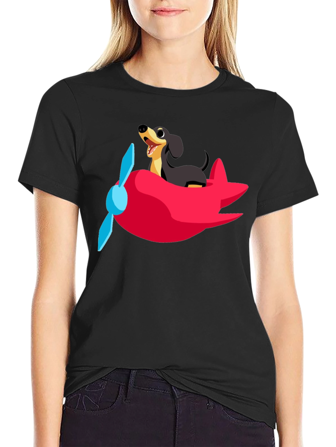 Dachshund Airplane T-Shirt: Fun Black Cotton Tee