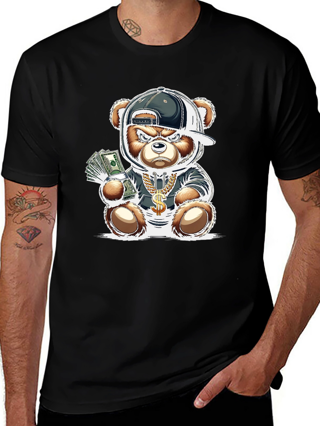 Trendy Teddy Bear Graphic Tee - Black