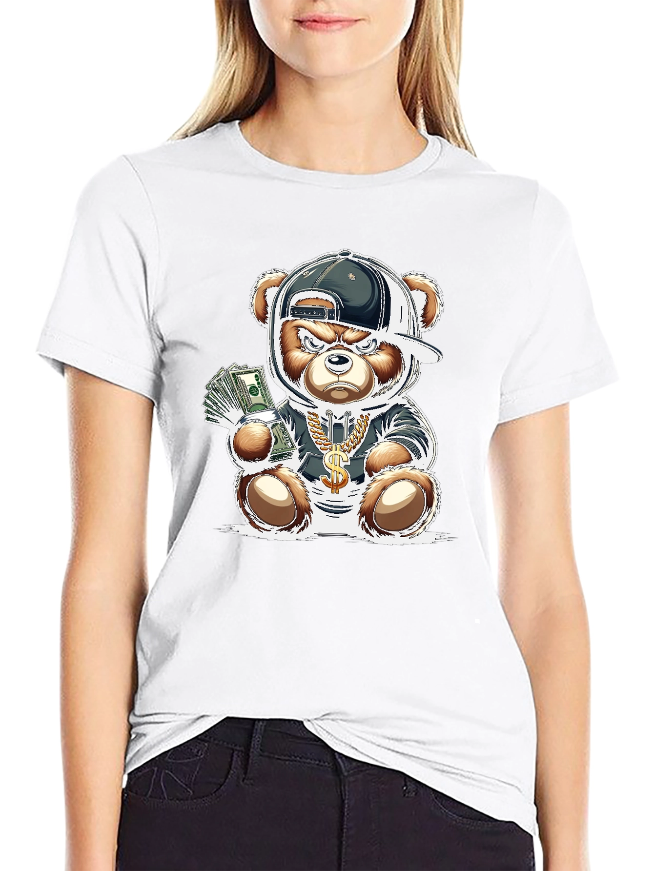 Trendy Teddy Bear Graphic Tee - Black
