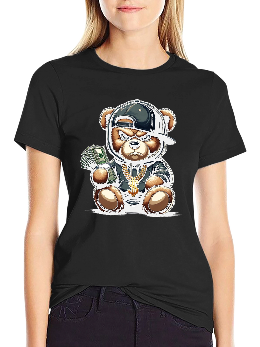 Trendy Teddy Bear Graphic Tee - Black