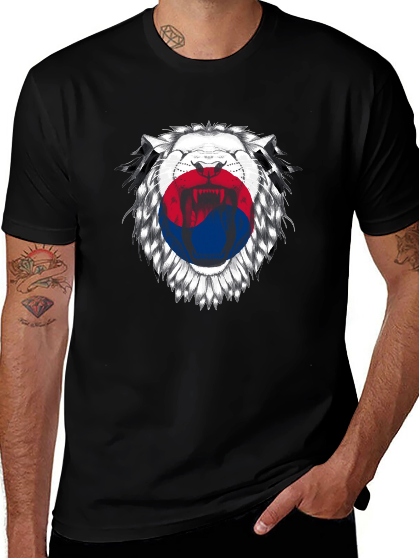 Lion Korean Flag Graphic Print Black T-Shirt
