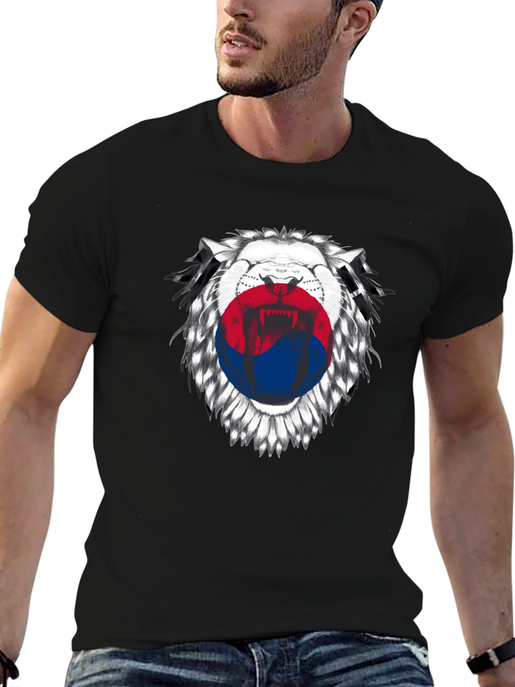 Lion Korean Flag Graphic Print Black T-Shirt