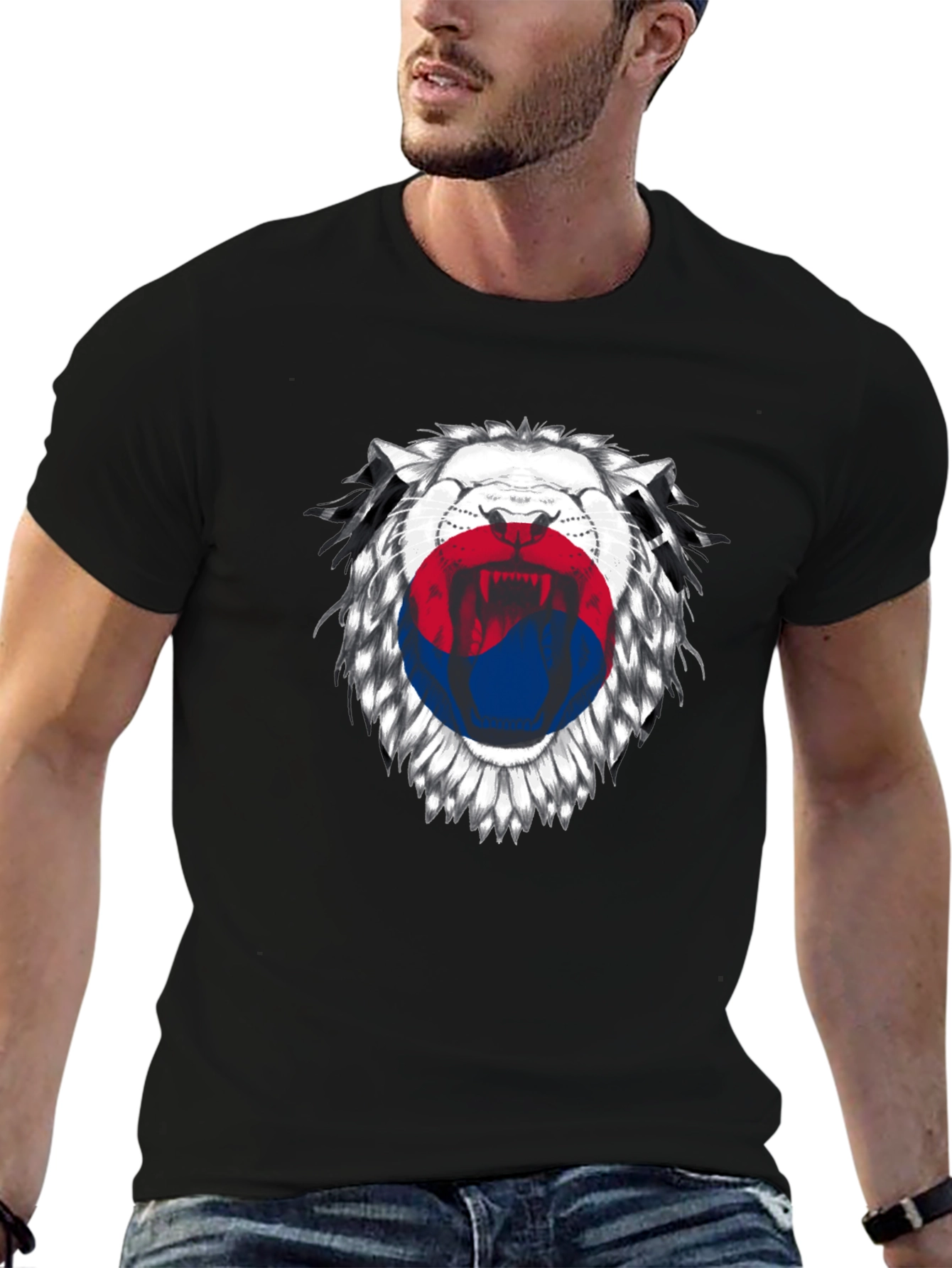 Lion Korean Flag Graphic Print Black T-Shirt