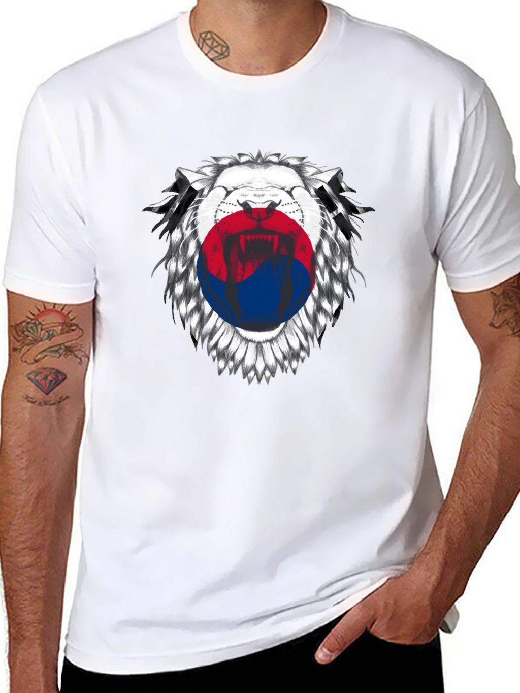 Lion Korean Flag Graphic Print Black T-Shirt