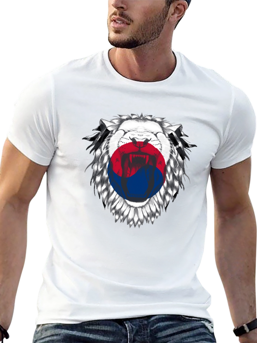 Lion Korean Flag Graphic Print Black T-Shirt