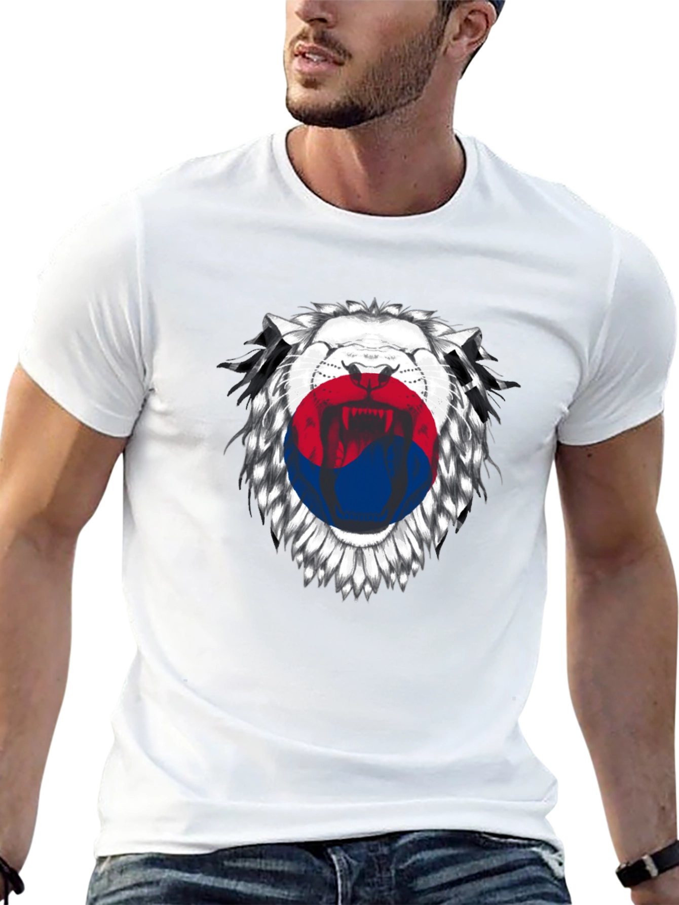 Lion Korean Flag Graphic Print Black T-Shirt