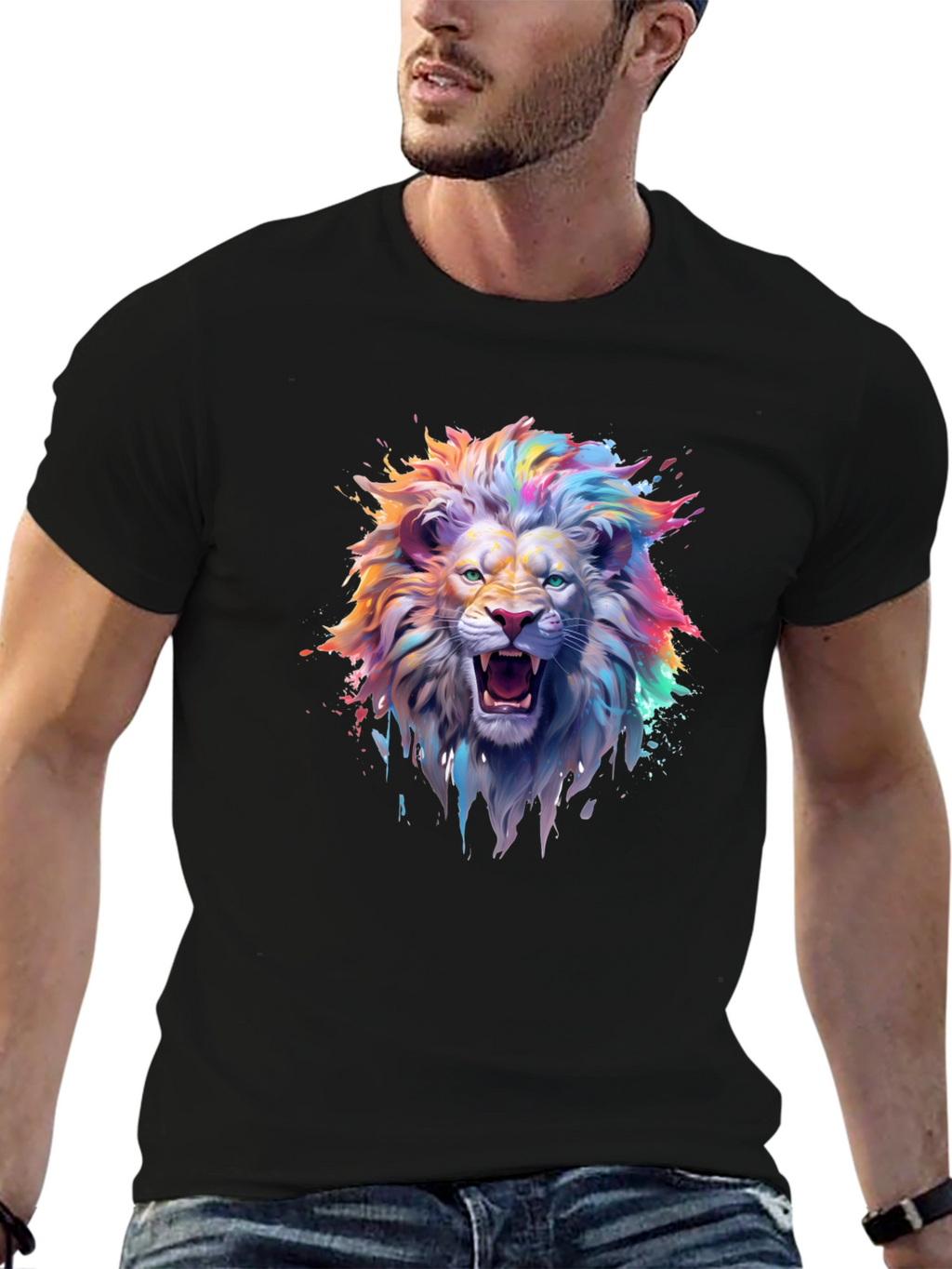 Vibrant Lion Graphic T-Shirt - Mens Black Tee