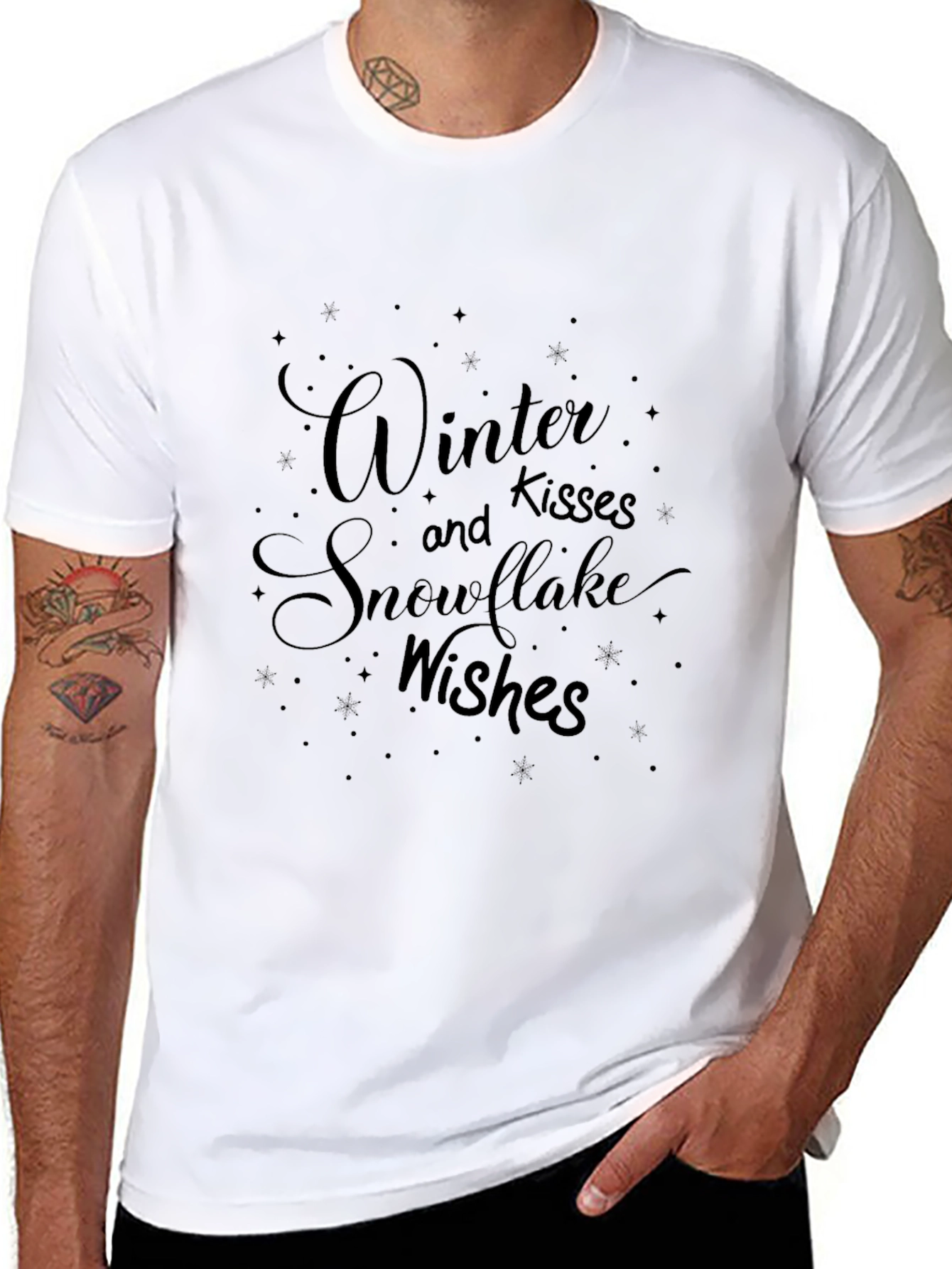 Winter Kisses and Snowflake Wishes Black T-Shirt