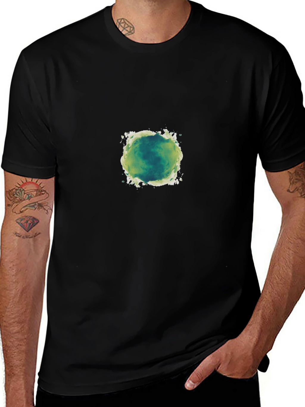 Mens Black T-Shirt with Green Abstract Design