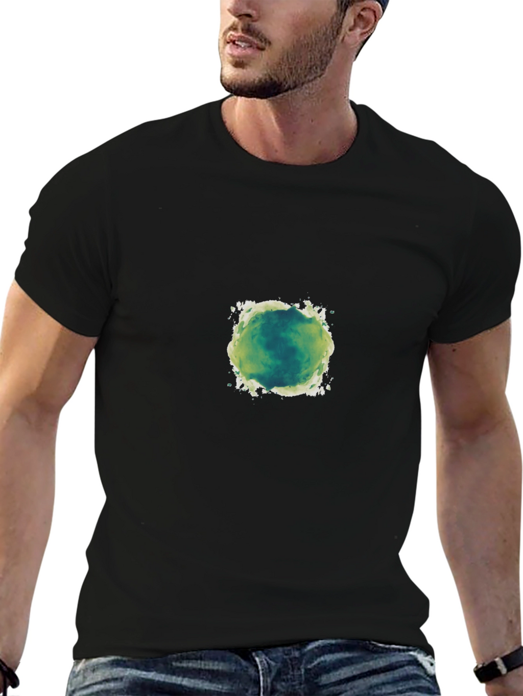 Mens Black T-Shirt with Green Abstract Design