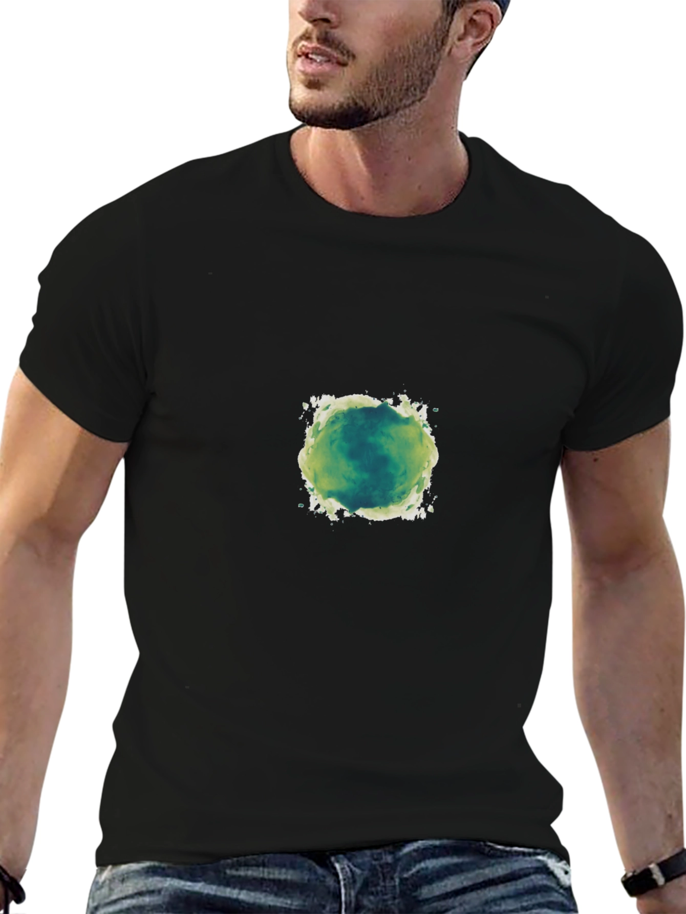 Mens Black T-Shirt with Green Abstract Design