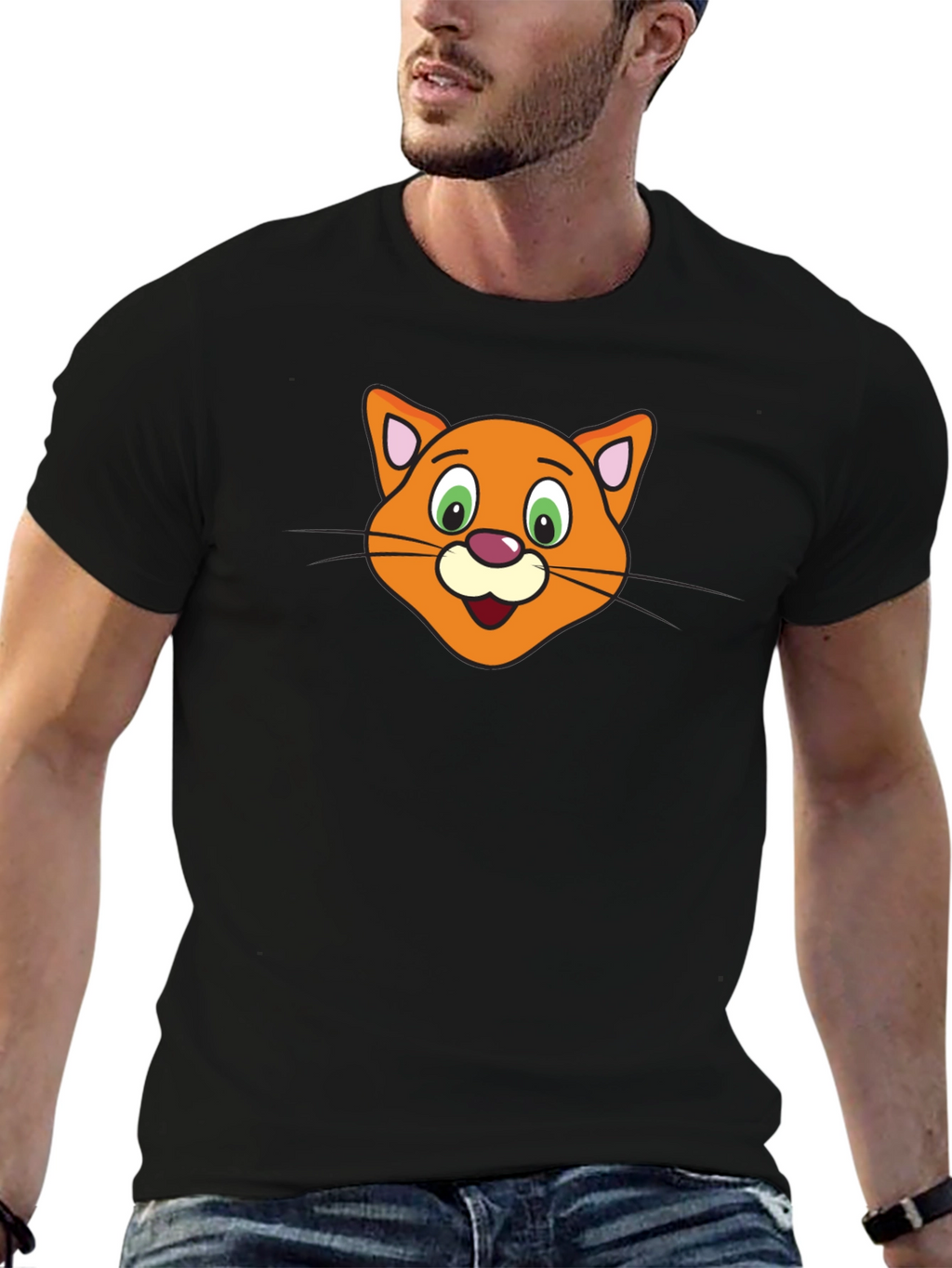 Cute Cartoon Cat Face Black T-Shirt