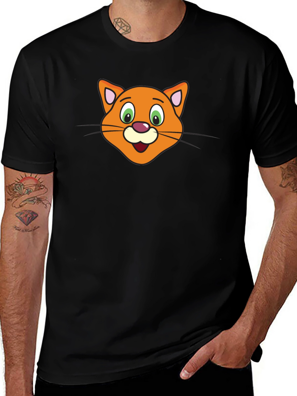Cute Cartoon Cat Face Black T-Shirt